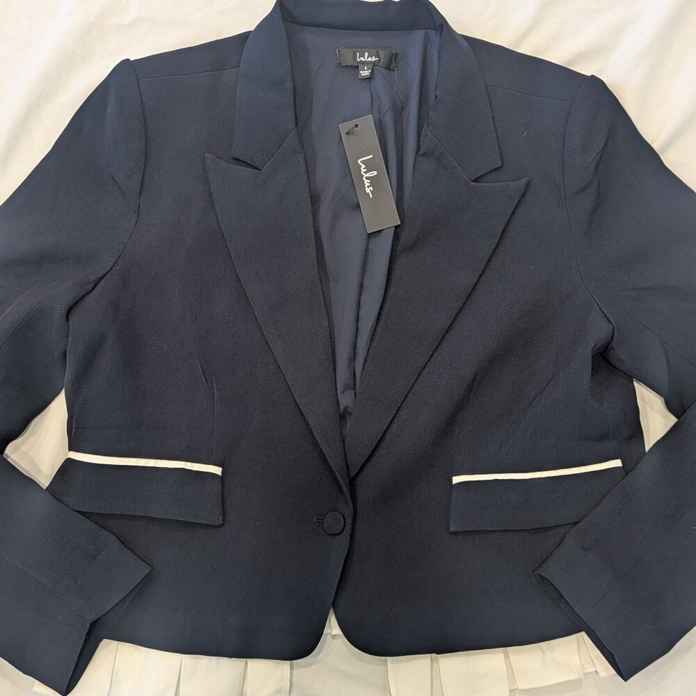 Lulus Preppy Charm Navy Blue Ruffled Blazer Size Large NWT Cotton Office Chic